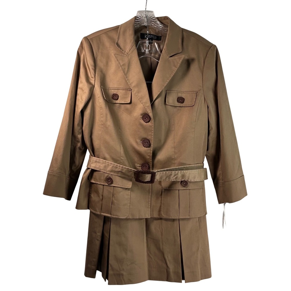 Kasper Womens Tan Khaki Safari Skirt Suit 2 Piece Set Belted Blazer Size 16 NWT